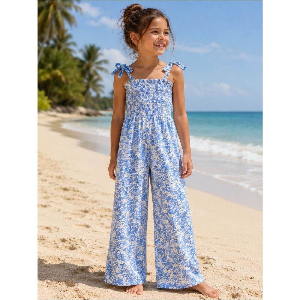 Crewcuts Blue Yellow Floral 100% Organic Cotton Tie Shoulder Jumpsuit Sz 7 Boho